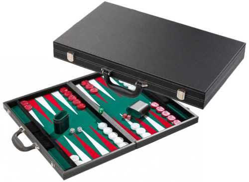 Backgammon koffer zw.gestikt ingel. velours goen/rood/wit.38cm