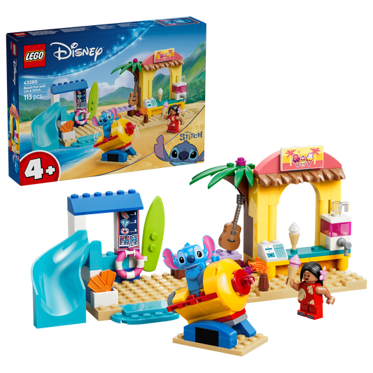 LEGO | Disney Strandplezier met Lilo en Stitch Bouwbaar Speelgoed voor Kinderen met 2 Speelgoedwinkels, Ruimterit en 2 Poppetjes - Montessori Cadeau voor Meisjes en Jongens vanaf 4 Jaar 43280