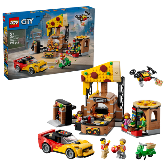 LEGO City Pizzacentrale met voertuigen - Bouwpakket voor Kinderen met Speelgoed Auto, Scooter, Drone, Speelmachine en 4 Minifiguren - Verjaardagscadeau voor Jongens en Meisjes Vanaf 6 Jaar - 60496