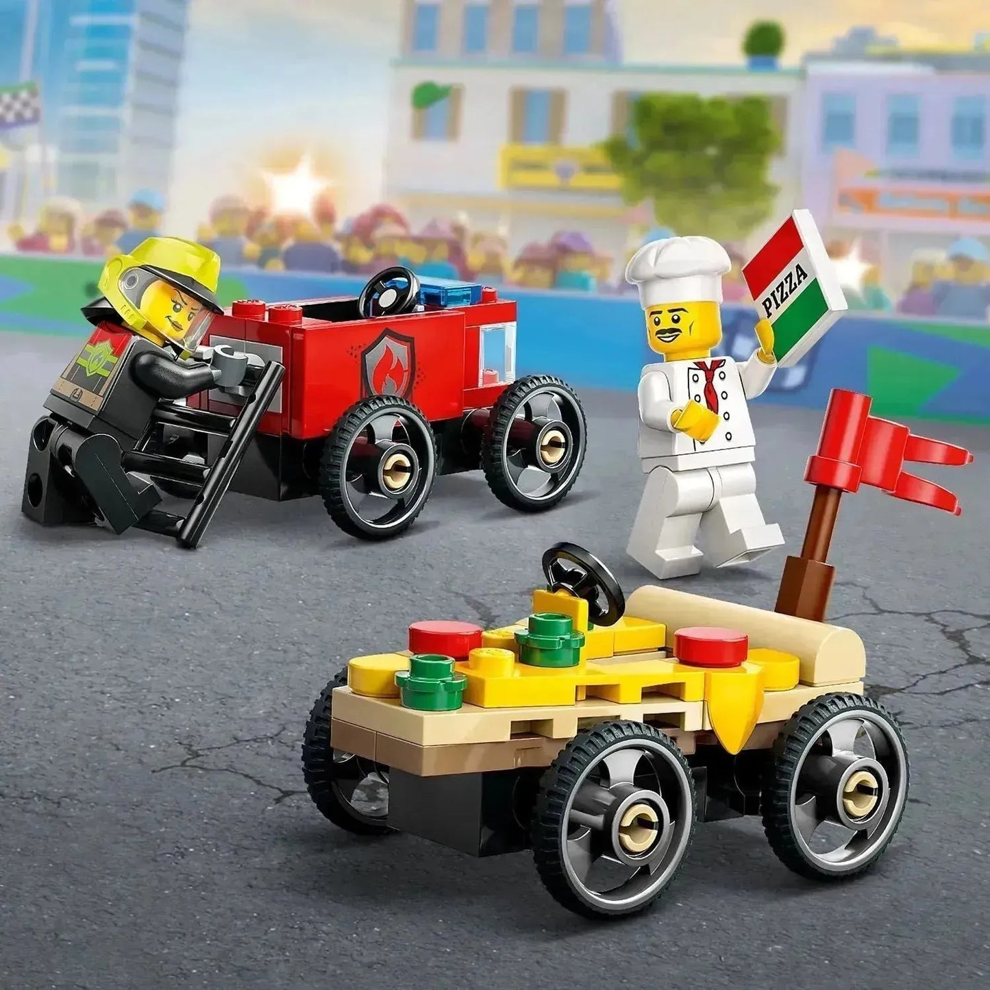 LEGO Raceauto pakket: pizzabestelwagen vs Brandweerwagen 60458 City
